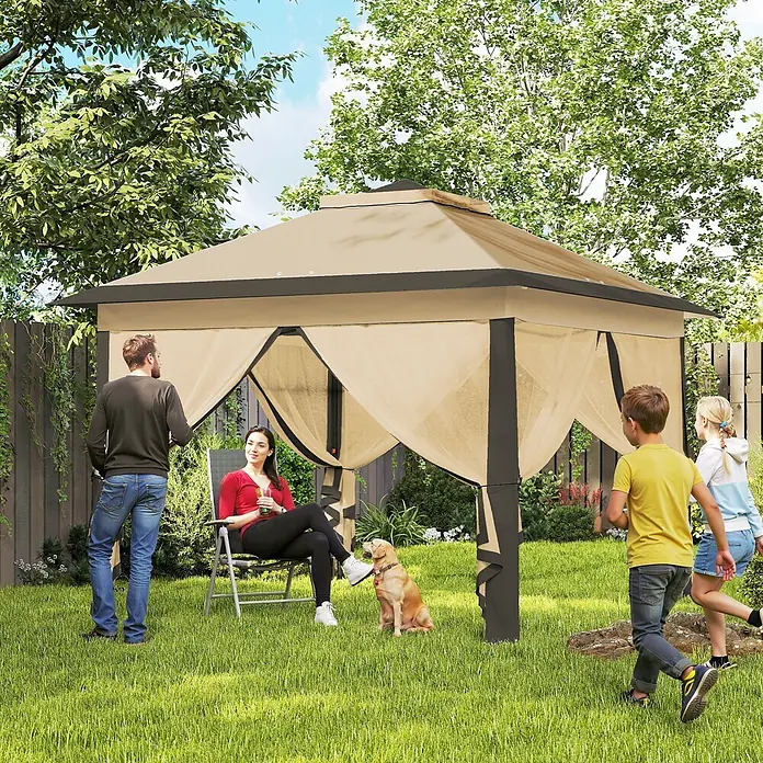 Outsunny Standard-Pavillon - Farbe Gestell: Schwarz, Metall - Beiges und dunkelbraunes Outdoor-Gartenpavillon mit Netzvorhängen, das Schatten für eine Familie bietet.