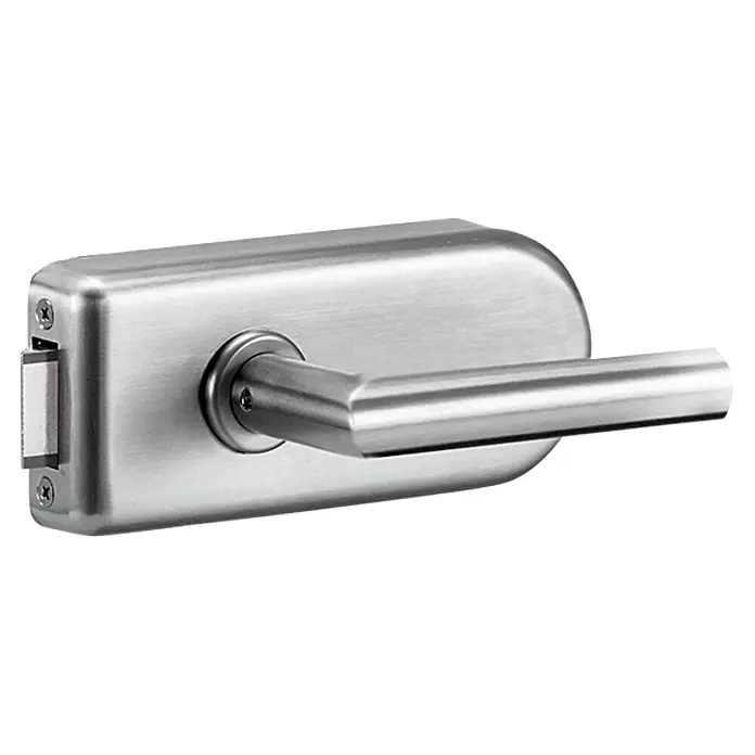 Diamond Doors Glastürbeschlag Sky UV - Edelstahloptik, Bandbohrung/Bänder: Office 3-teilig, Unverschließbar - Nahaufnahme eines Türbeschlags aus gebürstetem Edelstahl mit einem schlanken, geraden Griff und einem seitlichen Riegel.