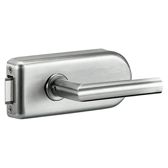 Diamond Doors Glastürbeschlag Sky UV - Edelstahloptik, Bandbohrung/Bänder: Office 3-teilig, Unverschließbar - Nahaufnahme eines Türbeschlags aus gebürstetem Edelstahl mit einem schlanken, geraden Griff und einem seitlichen Riegel.