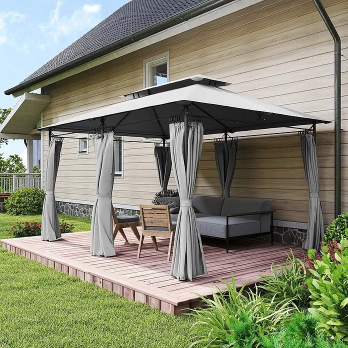 Outsunny Standard-Pavillon - Farbe Gestell: Dunkelgrau, Metall - Zweistöckiger Pavillon mit grauen Vorhängen und dunklem Metallrahmen auf einer Holzterrasse. Bietet Schatten für Gartenmöbel.