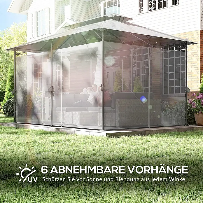 Outsunny Standard-Pavillon - Farbe Gestell: Dunkelgrau, Metall - Gartenpavillon mit transparenten, abnehmbaren Seitenwänden am Haus, bietet Sonnenschutz. Ein Mann entspannt sich darin.