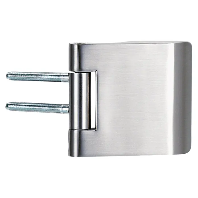 Diamond Doors Glastürbeschlag Sky PZ - Edelstahloptik, Bandbohrung/Bänder: Office 3-teilig, Verschließbar - Nahaufnahme eines silberfarbenen Türbandes mit zwei Gewindebolzen, das ein elegantes und modernes Design aufweist.