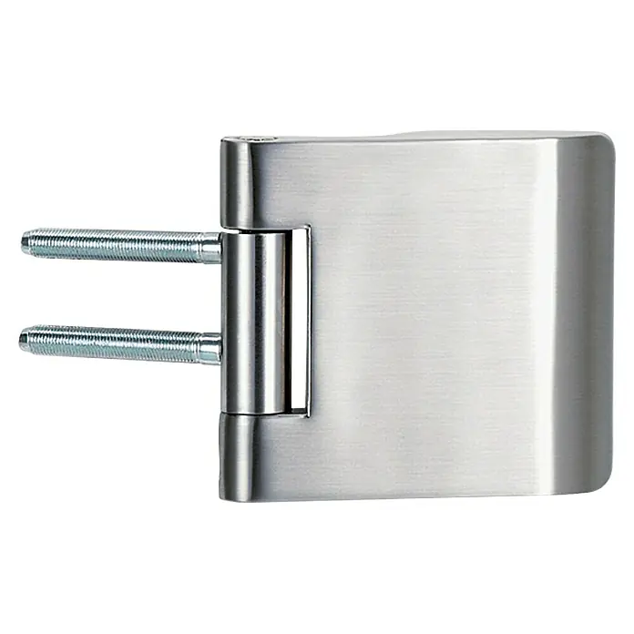 Diamond Doors Glastürbeschlag Sky PZ - Edelstahloptik, Bandbohrung/Bänder: Office 3-teilig, Verschließbar - Nahaufnahme eines silberfarbenen Türbandes mit zwei Gewindebolzen, das ein elegantes und modernes Design aufweist.