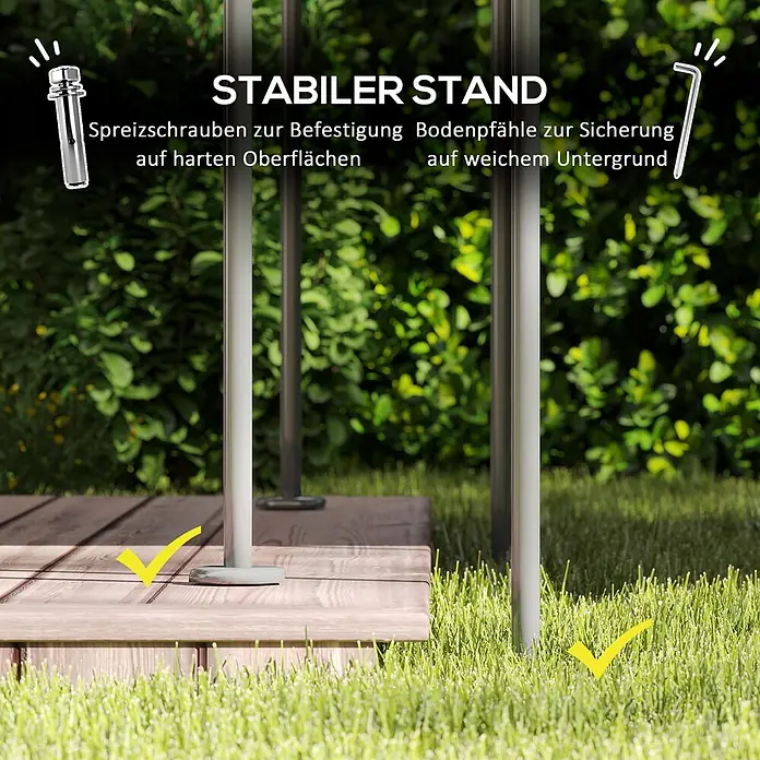 Outsunny Standard-Pavillon - Farbe Gestell: Dunkelgrau, Metall - Grauer Metallpfosten mit stabilem Stand, gesichert mit Spreizschrauben für harte Oberflächen und Bodenpfählen für weichen Untergrund.