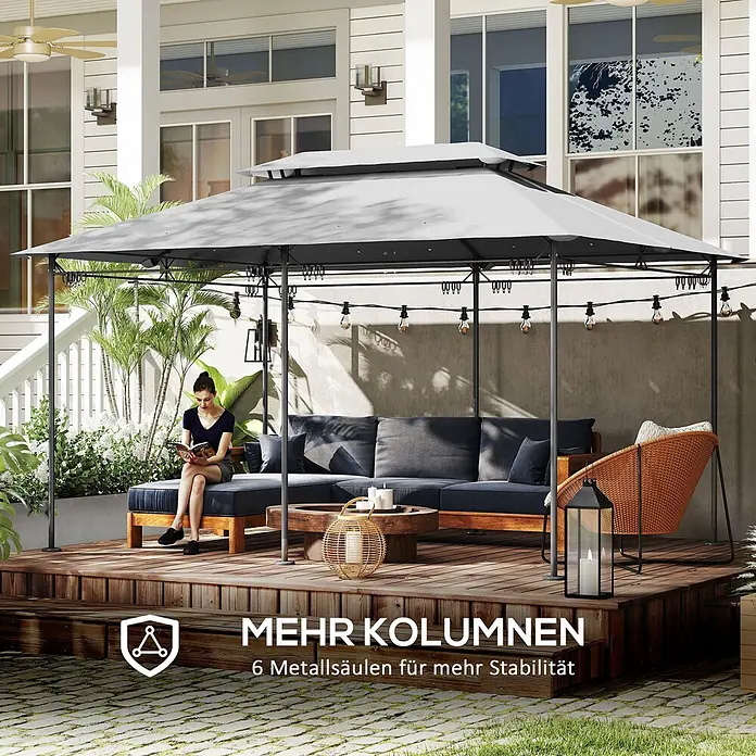 Outsunny Standard-Pavillon - Farbe Gestell: Dunkelgrau, Metall - Graues Outdoor-Pavillon mit schwarzen Metallsäulen, das einer lesenden Frau Schatten spendet. Es verfügt über 6 Metallsäulen für mehr Stabilität.
