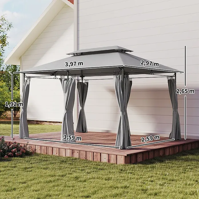 Outsunny Standard-Pavillon - Farbe Gestell: Dunkelgrau, Metall - Grauer rechteckiger Outdoor-Pavillon mit Vorhängen, 3,97x2,97x2,65m (B x T x H), auf einer Holzterrasse.