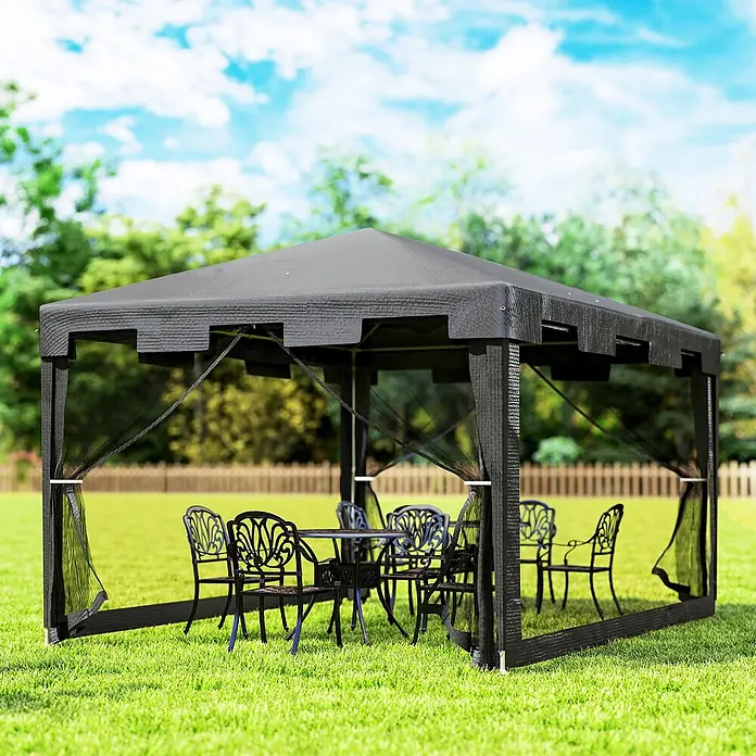 Outsunny Standard-Pavillon - Farbe Gestell: Schwarz, Metall - Dunkelgrauer Pavillon mit schwarzem Moskitonetz, beherbergt eine schwarze Metall-Gartengarnitur auf grünem Rasen, bietet schattigen Außenbereich.