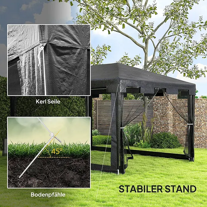 Outsunny Standard-Pavillon - Farbe Gestell: Schwarz, Metall - Schwarzer Gartenpavillon mit Abspannseilen und Bodenpfählen für stabilen Halt.