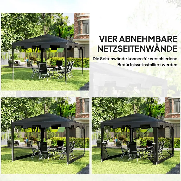Outsunny Standard-Pavillon - Farbe Gestell: Schwarz, Metall - Schwarzer Gartenpavillon mit vier abnehmbaren Netzseitenwänden, gezeigt im Garten mit und ohne Wände.