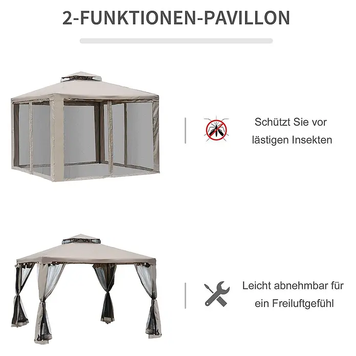 Outsunny Standard-Pavillon - Farbe Gestell: Grau, Metall - Beiger Pavillon mit zwei Funktionen: Insektenschutznetz und abnehmbare Vorhänge für ein offenes Gefühl.