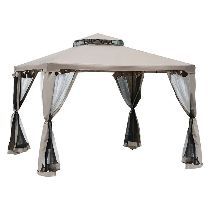 Outsunny Standard-Pavillon - Farbe Gestell: Grau, Metall - Beiges Outdoor-Gartenpavillon mit zweistufigem Dach und zurückgebundenen dunklen Netvorhängen.