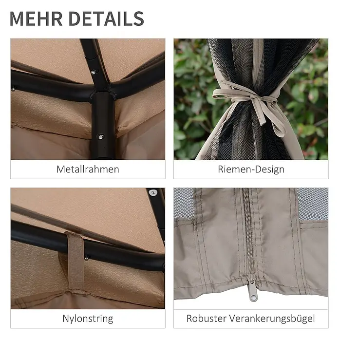 Outsunny Standard-Pavillon - Farbe Gestell: Grau, Metall - Nahaufnahmen eines beigefarbenen Outdoor-Pavillons: schwarzer Metallrahmen, mit Riemen zusammengebundenes Netz, Klettverschlüsse und Reißverschluss.