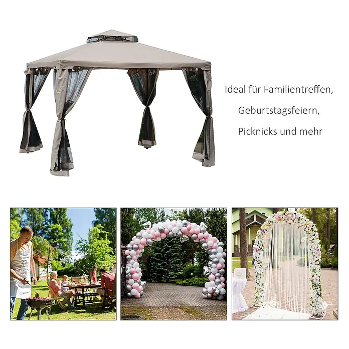 Outsunny Standard-Pavillon - Farbe Gestell: Grau, Metall - Beiges Pavillon mit schwarzen Netzseitenwänden, ideal für Familienfeiern, Partys und Picknicks.