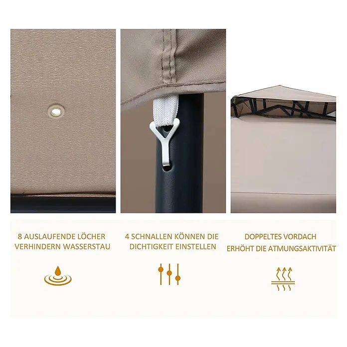 Outsunny Standard-Pavillon - Farbe Gestell: Grau, Metall - Nahaufnahmen eines beigen Pavillondachs mit Entwässerungsöse, verstellbarer Schnalle und doppellagigem Design zur Belüftung.