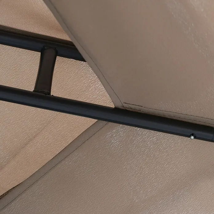 Outsunny Standard-Pavillon - Farbe Gestell: Grau, Metall - Unteransicht eines beigen Outdoor-Vordachs mit strukturierter Stoff und schwarzen Metallstützen.