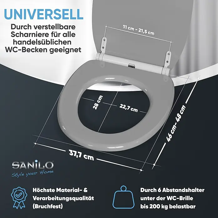 SANILO WC-Sitz Manhattan Grau mit Schnellverschluss - MDF, Grau, Mit Absenkautomatik - Grauer WC-Sitz mit Maßen und verstellbaren Scharnieren. Universal passend, bruchfest, bis 200 kg belastbar.