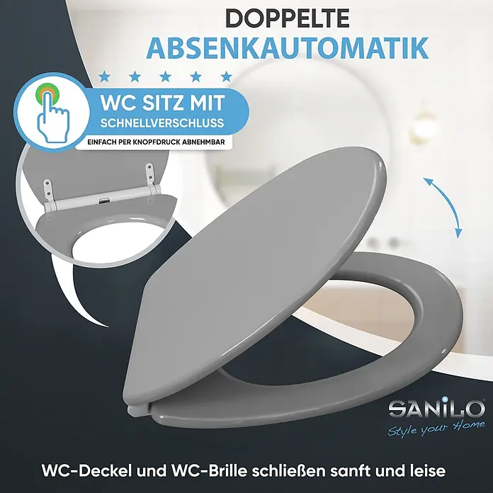 SANILO WC-Sitz Manhattan Grau mit Schnellverschluss - MDF, Grau, Mit Absenkautomatik - Grauer WC-Sitz mit doppelter Absenkautomatik und Schnellverschluss, der sich sanft und leise schließt und per Knopfdruck abnehmbar ist.
