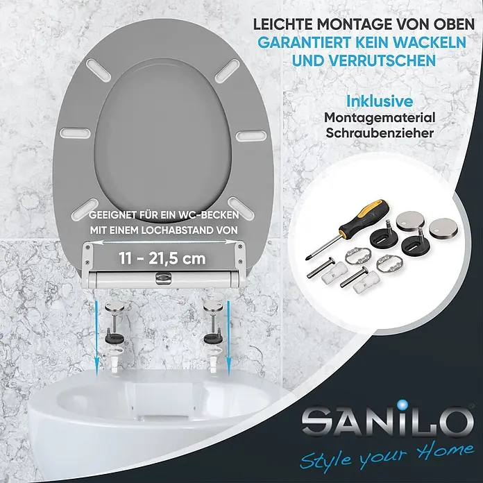 SANILO WC-Sitz Manhattan Grau mit Schnellverschluss - MDF, Grau, Mit Absenkautomatik - Grauer Toilettensitz mit Top-Fix-Montage, verstellbarem Lochabstand (11-21,5 cm) und Montageset inkl. Schraubendreher.