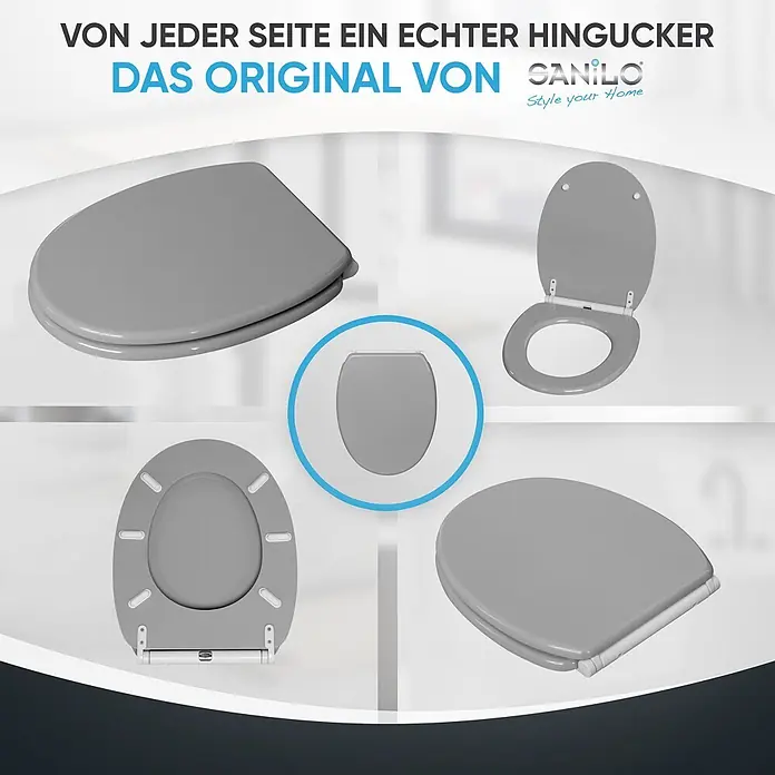 SANILO WC-Sitz Manhattan Grau mit Schnellverschluss - MDF, Grau, Mit Absenkautomatik - Grauer Toilettensitz aus verschiedenen Perspektiven dargestellt, sein Design betonend.