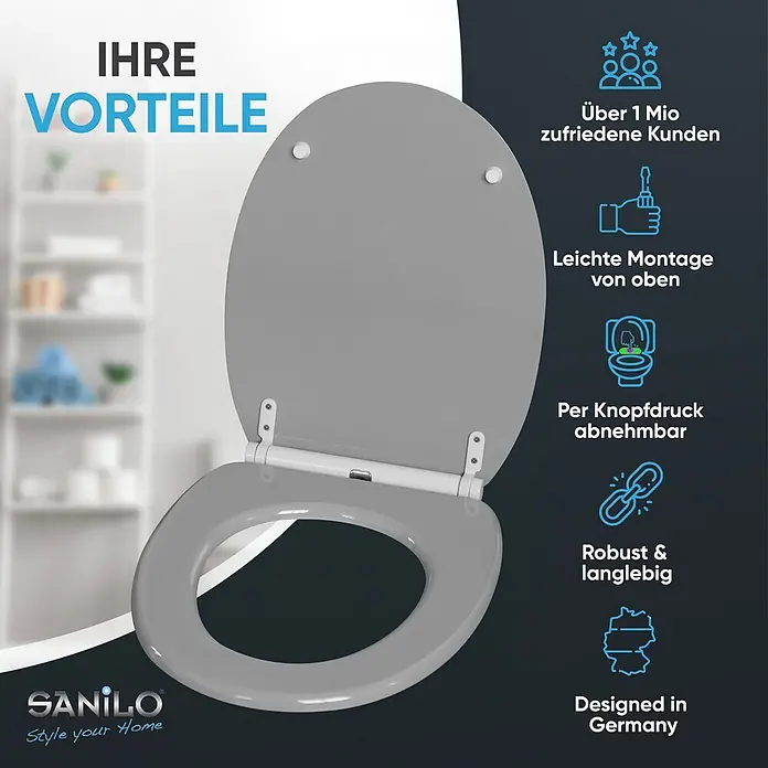SANILO WC-Sitz Manhattan Grau mit Schnellverschluss - MDF, Grau, Mit Absenkautomatik - Grauer Toilettensitz, teilweise geöffnet.