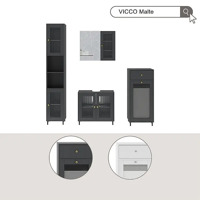 Vicco Badmöbel-Set Malte Grau 3 Teile mit Midischrank - Grau, Matt - Dunkelgraues Badmöbel-Set mit Rillenglas und goldenen Griffen, inkl. Hoch-, Wand-, Waschtisch- und schmalen Schränken. Ein weißer Schrank ist ebenfalls abgebildet.