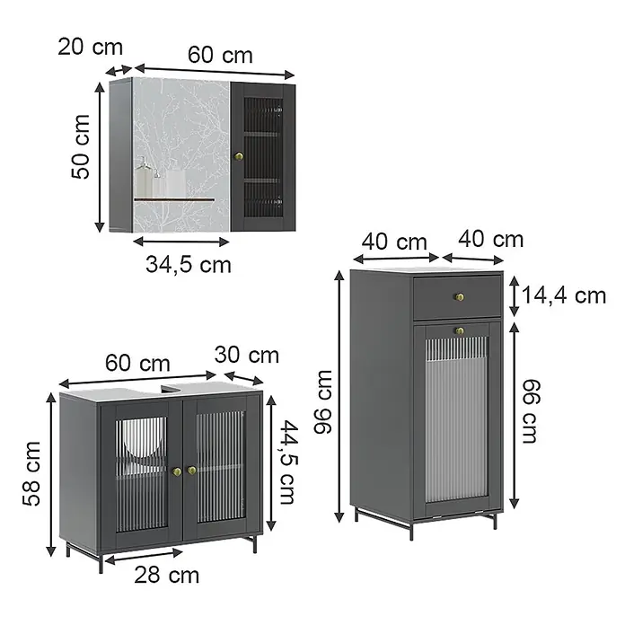 Vicco Badmöbel-Set Malte Grau 3 Teile mit Midischrank - Grau, Matt - Dunkelgraues Badmöbel-Set mit Hängeschrank, Waschtischunterschrank und Hochschrank mit Rillenverglasung und Goldgriffen.