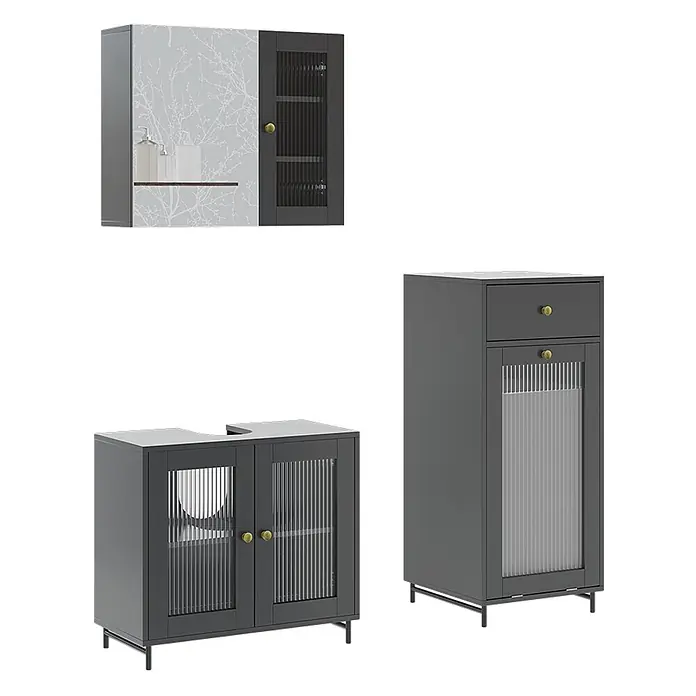 Vicco Badmöbel-Set Malte Grau 3 Teile mit Midischrank - Grau, Matt - Drei dunkelgraue Badschränke mit goldenen Griffen, teilweise mit geriffelten Glastüren, einer mit hellgrauem Astmuster.