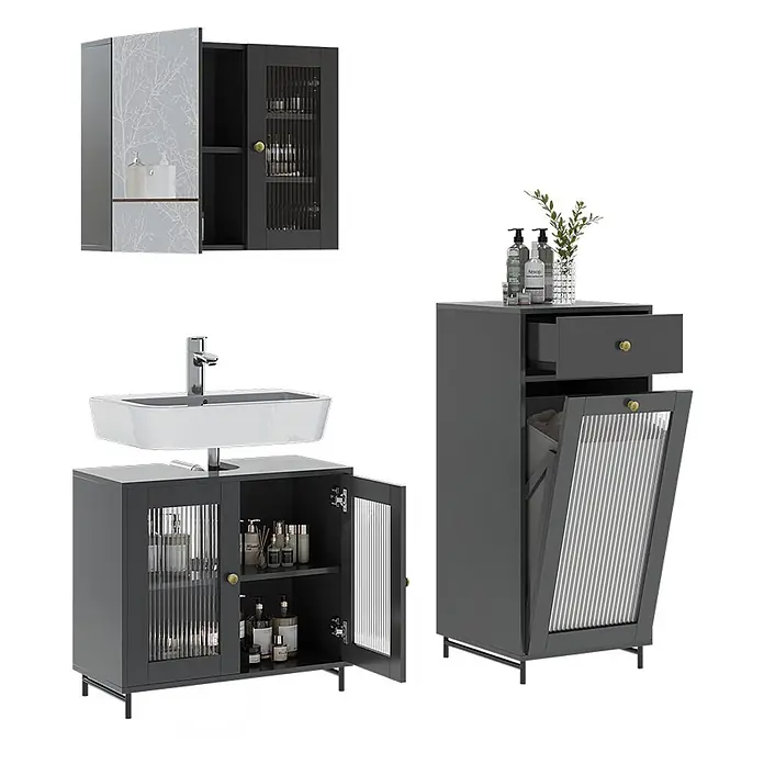 Vicco Badmöbel-Set Malte Grau 3 Teile mit Midischrank - Grau, Matt - Dunkelgraues Badezimmerschrank-Set mit Rillenglastüren und goldenen Griffen. Enthält Wandschrank, Waschtisch mit Waschbecken und Hochschrank mit Wäschekorb.
