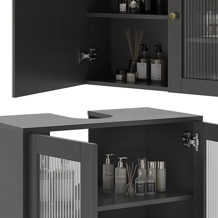 Vicco Badmöbel-Set Malte Grau 3 Teile mit Midischrank - Grau, Matt - Dunkelgraues Badschrank-Set mit Wand- und Waschtischunterschrank, geriffelten Glastüren und offenem Stauraum für Pflegeprodukte.