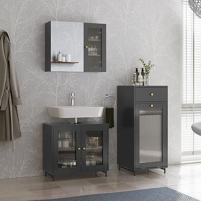 Vicco Badmöbel-Set Malte Grau 3 Teile mit Midischrank - Grau, Matt - Dunkelgrauer Badwaschtisch, Hochschrank und Spiegelschrank mit geriffelten Glaseinsätzen.