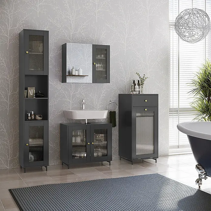 Vicco Badmöbel-Set Malte Grau 3 Teile mit Midischrank - Grau, Matt - Ein Set dunkelgrauer Badschränke mit geriffelten Glastüren und goldfarbenen Griffen, inklusive Hochschrank, Waschtisch, Wandschrank und Beistellschrank.