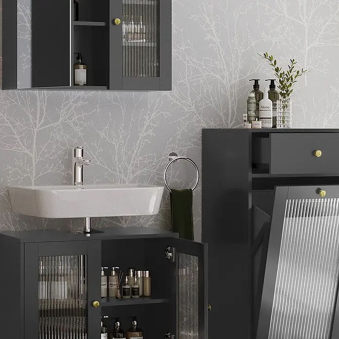 Vicco Badmöbel-Set Malte Grau 3 Teile mit Midischrank - Grau, Matt - Dunkelgraues Badmöbel-Set mit gerillten Glastüren und goldenen Griffen, bietet Stauraum um ein Waschbecken.
