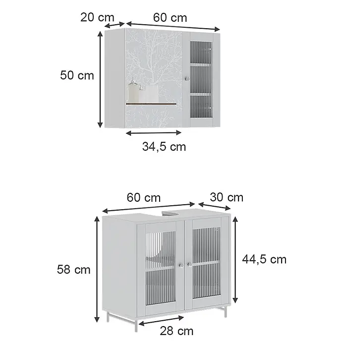 Vicco Badmöbel-Set Malte Weiß 2 Teile - Weiß, Matt - Zwei graue Badschränke: ein Wandschrank mit gemusterter Tür und Glas, ein Waschtischunterschrank mit geriffelten Glastüren.
