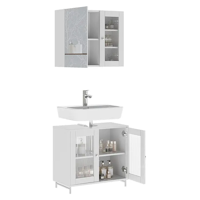 Vicco Badmöbel-Set Malte Weiß 2 Teile - Weiß, Matt - Weißes Badmöbel-Set mit Wand- und Unterschrank, integriertem Waschbecken und geriffelten Glastüren. Der Wandschrank hat ein Astmuster auf einer Tür.