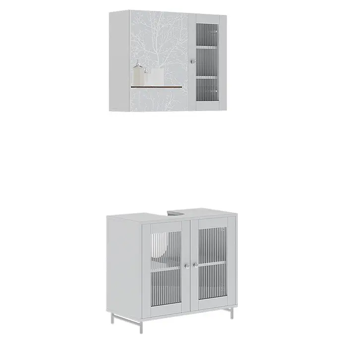 Vicco Badmöbel-Set Malte Weiß 2 Teile - Weiß, Matt - Hellgrauer Bad-Wandschrank mit Baummuster, geriffelter Glastür. Waschtischunterschrank mit Spülenausschnitt, geriffelten Glastüren und Metallbeinen.