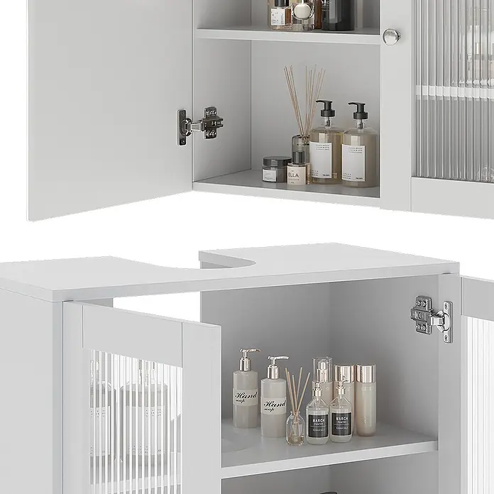 Vicco Badmöbel-Set Malte Weiß 4 Teile - Weiß, Matt - Weißer Bad-Wandschrank und Waschtischunterschrank mit offenen Türen, gerillten Glaspaneelen und Ablagefächern für Toilettenartikel.