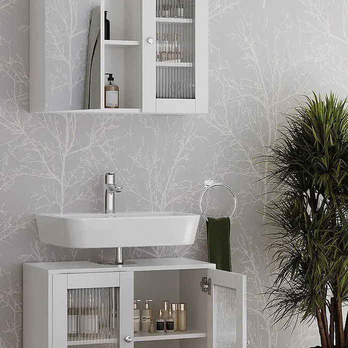 Vicco Badmöbel-Set Malte Weiß 2 Teile - Weiß, Matt - Weißer Badezimmerschrank mit Waschbecken und Wandschrank, mit geriffelten Glastüren und Chrombeschlägen.