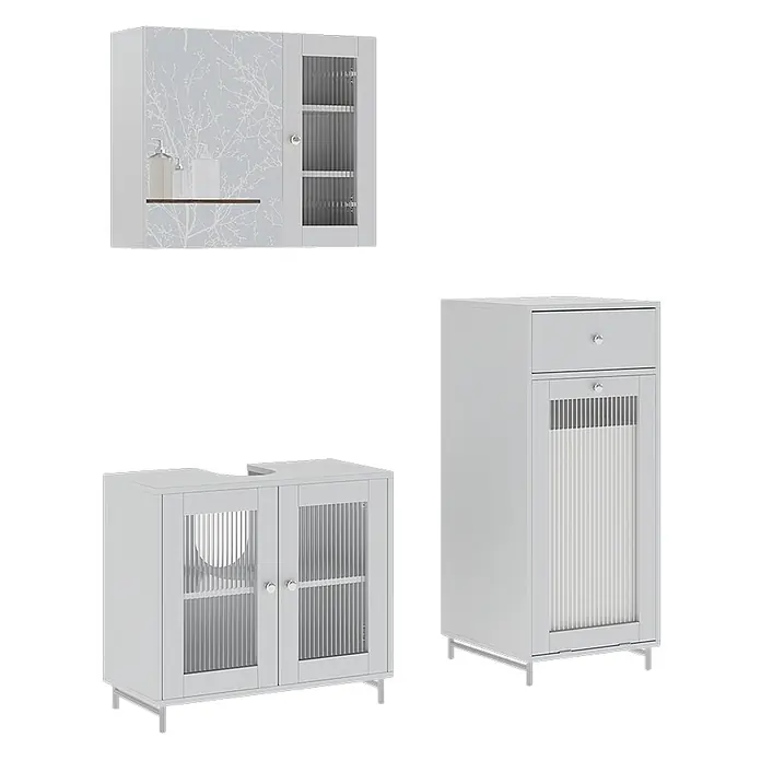 Vicco Badmöbel-Set Malte Weiß 3 Teile - Weiß, Matt - Dreiteiliges Set hellgrauer Badschränke mit geriffelten Designdetails und Metallfüßen, bestehend aus Wandschrank, Waschbeckenunterschrank und Hochschrank.