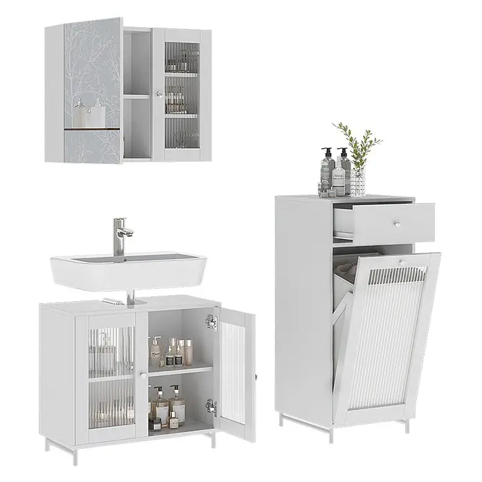 Vicco Badmöbel-Set Malte Weiß 3 Teile - Weiß, Matt - Weißes Badmöbel-Set: Wandschrank, Waschbeckenunterschrank mit Glastüren und Hochschrank mit Wäschekippe.