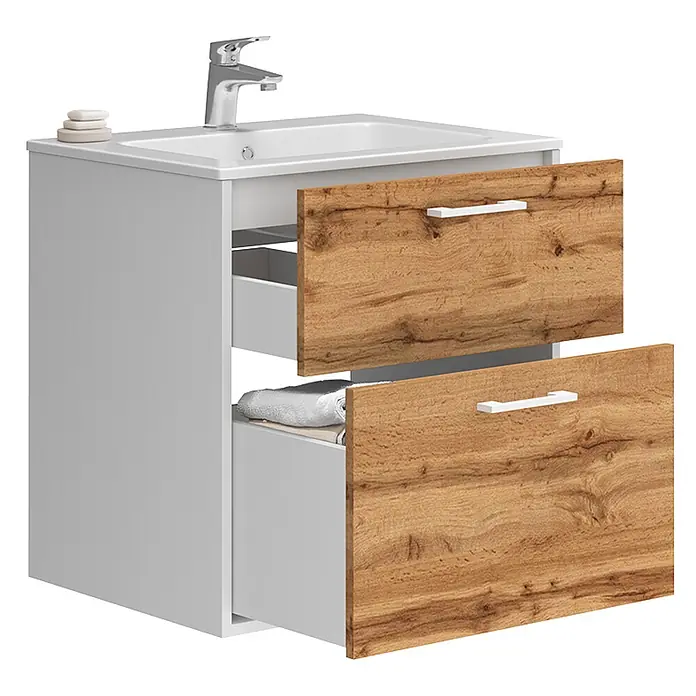 Vicco Badmöbel-Set Lanco Weiß/Goldkraft Eiche mit Waschbecken - Weiß, Matt - Badezimmerschrank mit weißem Waschbecken, hellgrauem Korpus, zwei offenen Holzschubladen und Chromarmatur.