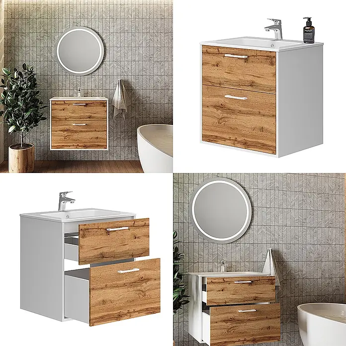 Vicco Badmöbel-Set Lanco Weiß/Goldkraft Eiche mit Waschbecken - Weiß, Matt