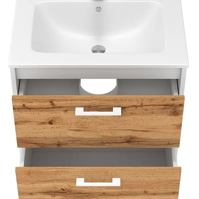 Vicco Badmöbel-Set Lanco Weiß/Goldkraft Eiche mit Waschbecken - Weiß, Matt - Weißer Waschbeckenunterschrank mit zwei offenen Holzschubladen, mit Ausschnitt für Sanitärrohre.