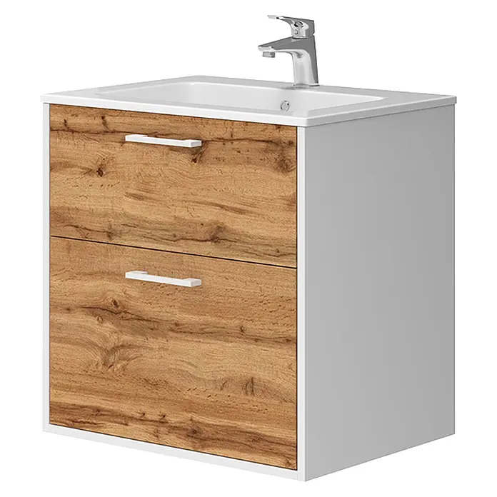 Vicco Badmöbel-Set Lanco Weiß/Goldkraft Eiche mit Waschbecken - Weiß, Matt - Weißer Badunterschrank mit zwei Holzoptik-Schubladen, weißem Keramikwaschbecken und Chromarmatur.