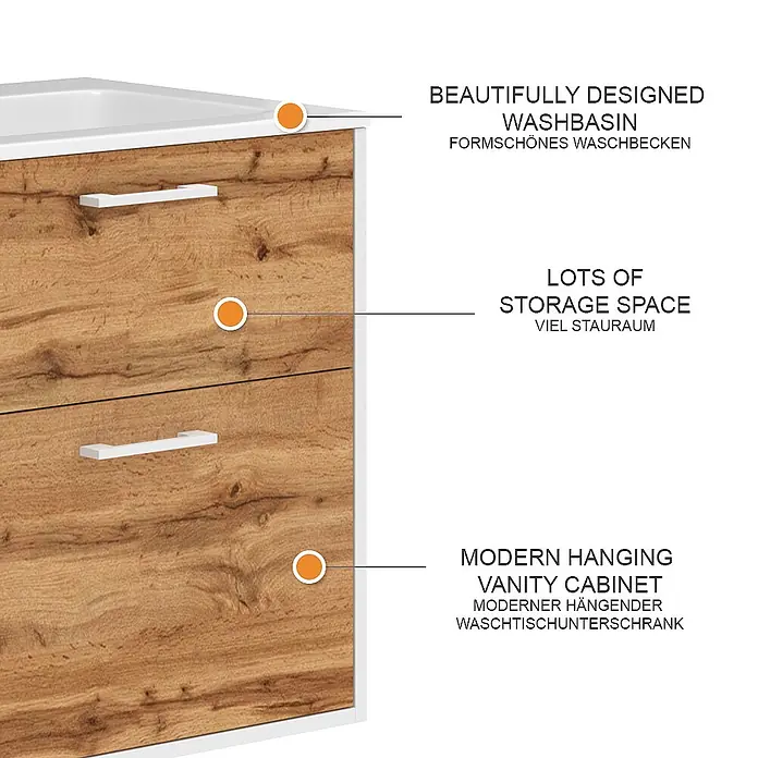 Vicco Badmöbel-Set Lanco Weiß/Goldkraft Eiche mit Waschbecken - Weiß, Matt - Modernes hängendes Badezimmermöbel mit weißem Waschbecken und hellbraunem Holzoptik-Schrank mit zwei Schubladen.