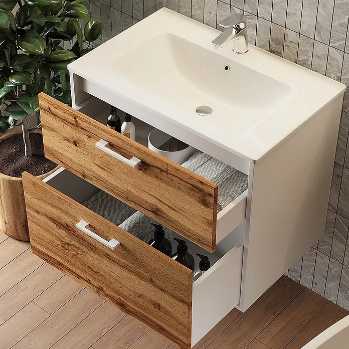 Vicco Badmöbel-Set Lanco Weiß/Goldkraft Eiche mit Waschbecken - Weiß, Matt - Weißer Badunterschrank mit Keramikwaschbecken und zwei geöffneten Schubladen mit Holzfronten, die Stauraum zeigen.