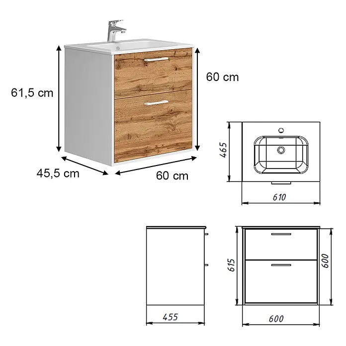 Vicco Badmöbel-Set Lanco Weiß/Goldkraft Eiche mit Waschbecken - Weiß, Matt - Weißer Waschtischunterschrank mit Holzoptik-Schubladen und integriertem Waschbecken, Maße dargestellt.