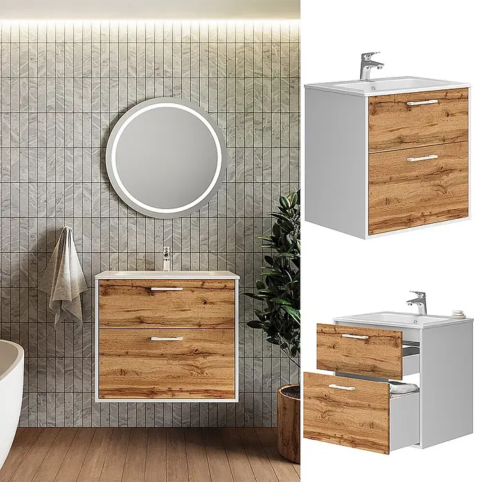 Vicco Badmöbel-Set Lanco Weiß/Goldkraft Eiche mit Waschbecken - Weiß, Matt - Weißer Badschrank mit Schubladenfronten in Holzoptik und integriertem Waschbecken. Zwei Auszugsschubladen.