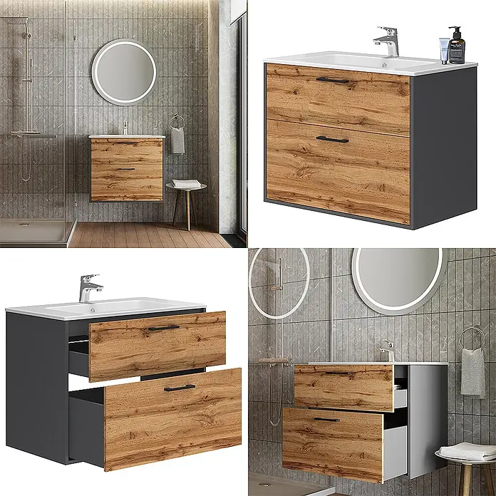 Vicco Badmöbel-Set Lanco Anthrazit/Goldkraft Eiche mit Waschbecken - Anthrazit, Matt - Wandhängender Badunterschrank: dunkelgrauer Korpus, Schubladen in Holzoptik, weißes Keramikwaschbecken, schwarze Griffe. Im Bad, mit geöffneten Schubladen gezeigt.