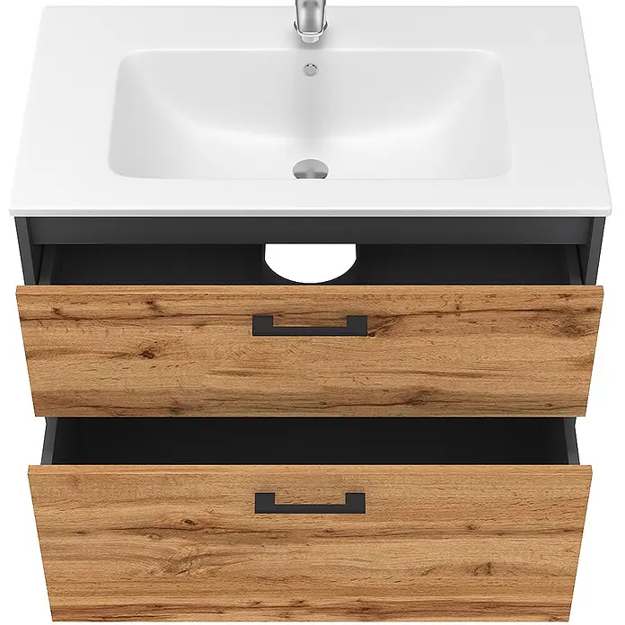 Vicco Badmöbel-Set Lanco Anthrazit/Goldkraft Eiche mit Waschbecken - Anthrazit, Matt - Badezimmerschrank mit weißem Keramikwaschbecken und zwei offenen Schubladen in Holzoptik mit schwarzen Griffen.