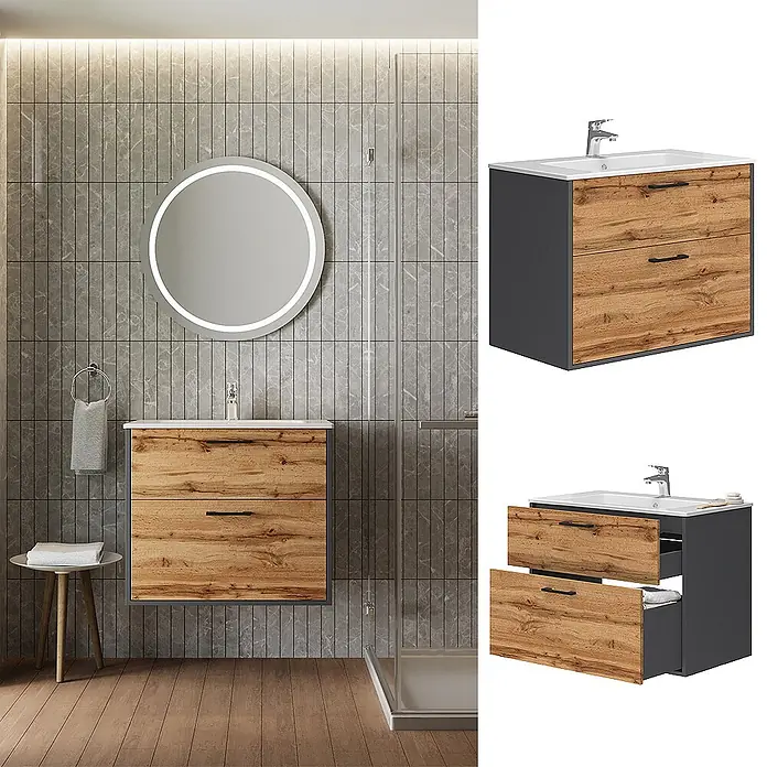 Vicco Badmöbel-Set Lanco Anthrazit/Goldkraft Eiche mit Waschbecken - Anthrazit, Matt - Wandhängender Badschrank mit weißem Waschbecken, Fronten in Holzoptik und dunkelgrauen Seiten. Zwei geräumige Schubladen.